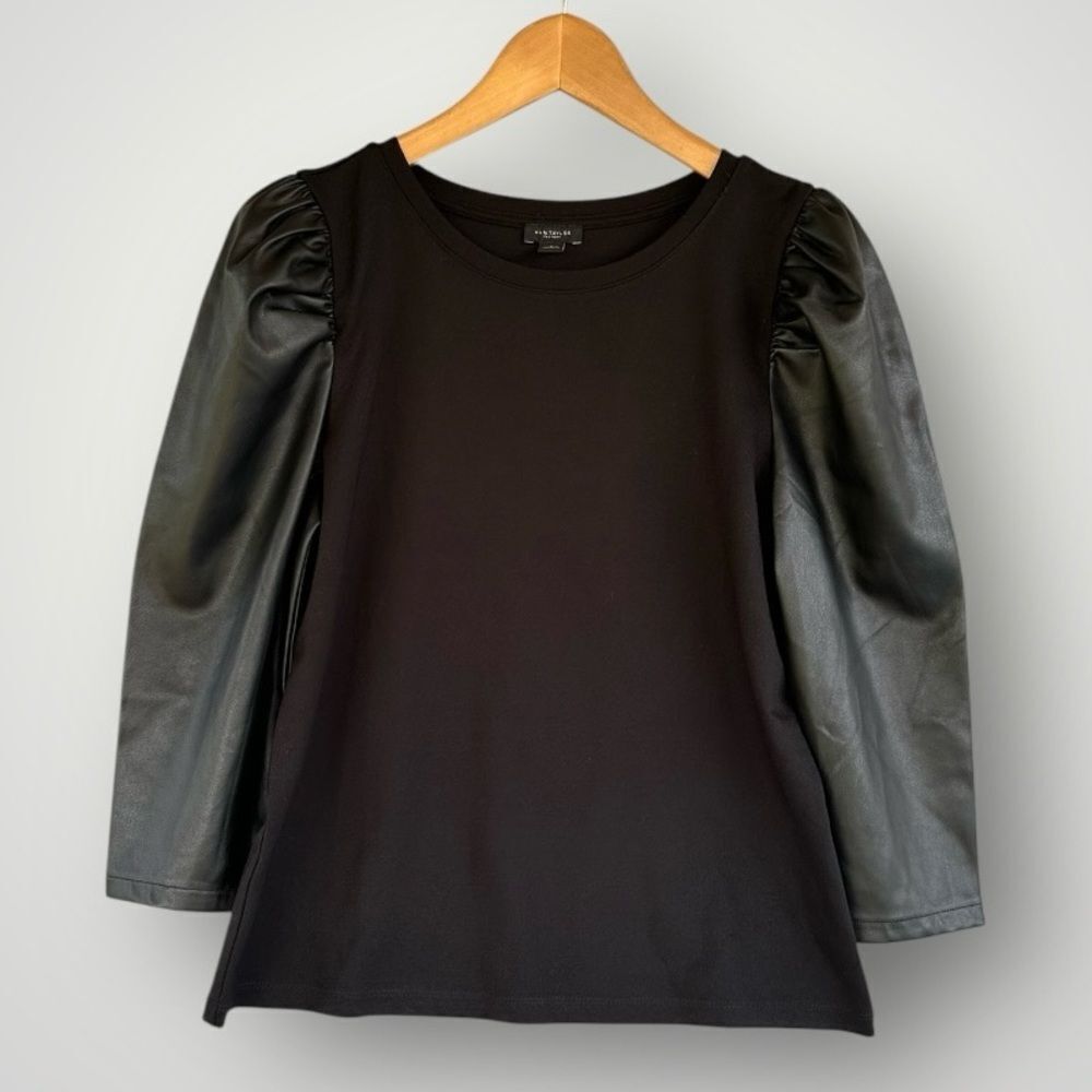 🎉5 for $45🎉 Ann Taylor Top Blouse Shirt Faux Leather Sleeve Women Size S Black